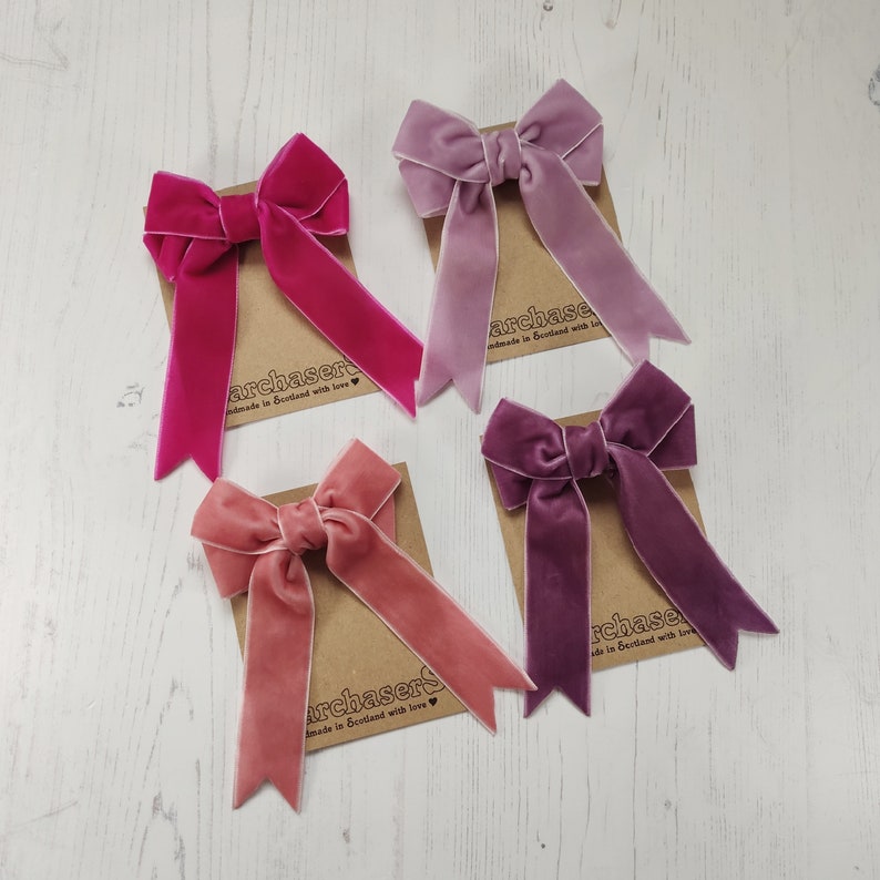 Small Velvet Ribbon Hair Bow in Choice of 27 Colours on Alligator Clip, Ponytail Elastic, or Brooch. image 1