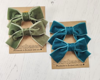 Small Velvet Hair Bows 2 Pack, In a Choice of 25 colours. On Small Alligator Clips. Makes a beautiful Gift. 7cm - 2.75" across.