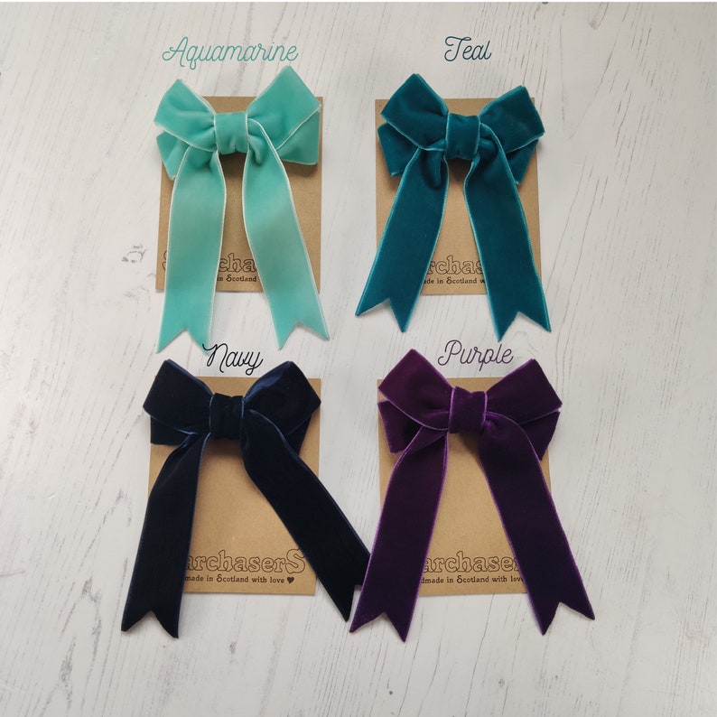 Small Velvet Ribbon Hair Bow in Choice of 27 Colours on Alligator Clip, Ponytail Elastic, or Brooch. image 7