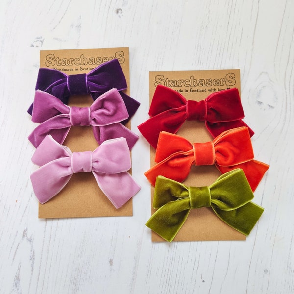 Velvet Hair Bows 3 Pack, In a Choice of 25 colours. On Small Alligator Clips. Makes a beautiful Gift. 7cm - 2.75" across.