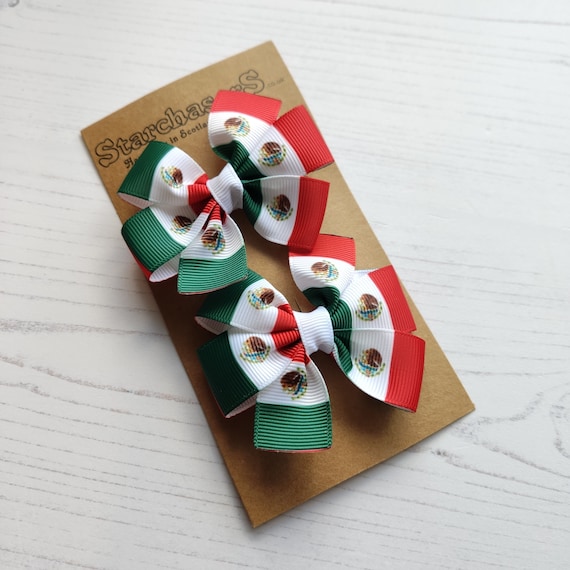 Mexican Flag Hair Bows - Printed Ribbon Pinwheel Bows - Set  display picture 3