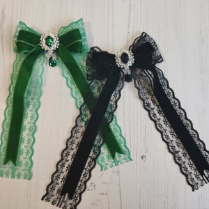 Long Velvet and Lace Ribbon Bow on Alligator Clip, Ponytail Elastic, Barrette, or Brooch. With metal dangling Centre In Black or Emerald