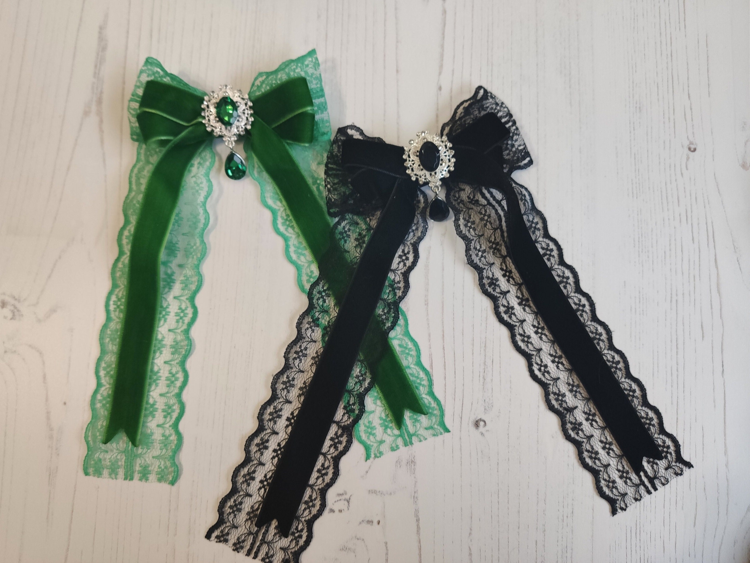 Long Velvet and Lace Ribbon Bow on Alligator Clip, Ponytail Elastic, Barrette, or Brooch. With metal dangling Centre In Black or Emerald