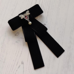 Velvet Neck Ribbon Brooch With Beautiful Bee & Pearl Drop Centre. Smart Unisex Gift, On Brooch or clip.