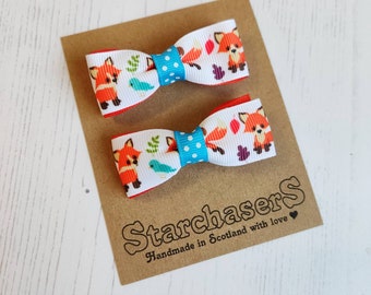 Small Fox Hair Bows on Clips, Pack of 2 Bows with Cute Little Fox Print Design.