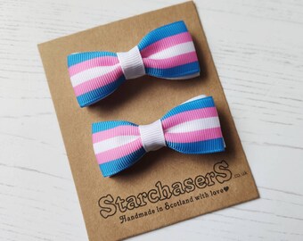 Pack of 2 Small Transgender flag hair bows, Cute Little Clips, perfect for Pride.