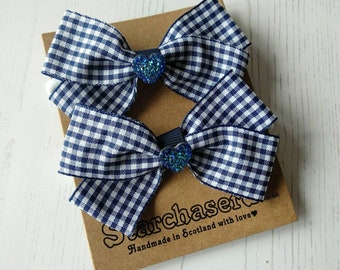 Gingham School hair bows on ponytail elastic or clips, Pack of 2 with glitter heart centres. Choice of 14 Colours, Handmade in Scotland