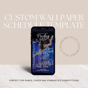 Peut inclure: Un modèle de fond d'écran personnalisable pour les compétitions de danse, de cheerleading et de gymnastique. Le modèle présente un horaire pour le vendredi avec une liste de groupes de danse et leurs heures de performance. Le texte "Dancemakers Friday Groups" est en haut de l'horaire.