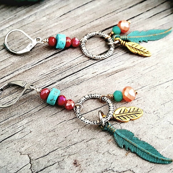 Gypsy Soul Spirit Feather Earrings Hippie Tribal Free Style Southwestern Turquoise Patina Boho Desert Earrings Free Ship