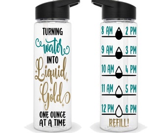 Turning Water Into Liquid Gold, One Ounce at a Time, 24 oz, Water Tracker, Water Reminder, Straw Water Bottle, Flip up cap with straw