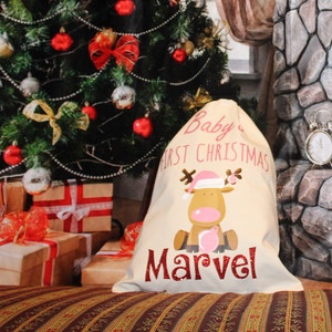 Gepersonaliseerde baby's eerste kerst canvas Santa Sack, MEISJE, santa zak, gepersonaliseerd, kersttas, kersttas, baby's 1e, baby canvas tas