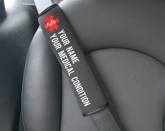 Custom Medical Alert Seatbelt Cover, special needs, down syndrome, epilepsy, diabetes, emergency injection info, car safety, med alert