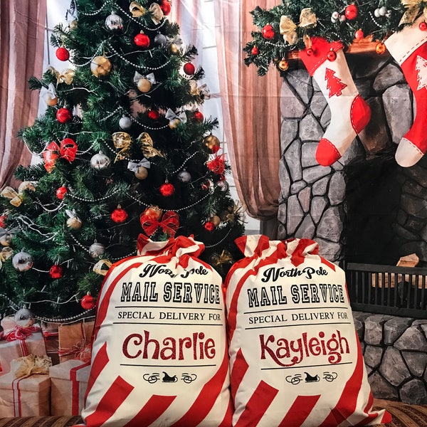Candy Cane Santa Sack, santa sack, personalized gift bag, christmas bag, santa bag, canvas santa bag, red and cream striped Santa bag