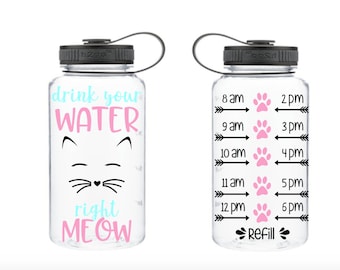 Drink Your Water Right Meow, Motivational Fitness Water Bottle, Cat Water Bottle, Fitness Water Tracker, Cat Water Bottle, Wide Mouth Bottle