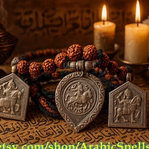 May include: An ornate silver pendant with a figure on horseback, flanked by two smaller pendants, rests on a surface with script. A beaded necklace and a bronze incense burner are also present. Two lit candles and flowers complete the scene.