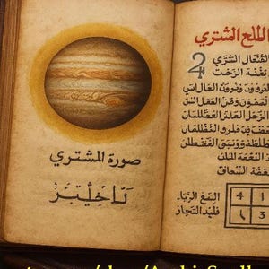 Könnte beinhalten: Aufgeschlagenes Buch mit gealterten Seiten, das eine Illustration des Jupiter in einem gelben Kreis zeigt. Arabischer Text umgibt das Bild, mit zusätzlichem Text auf der rechten Seite. Die Etsy-Shop-URL ist unten sichtbar.