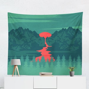 Green mountain landscape wall tapestry. Modern wall hanging with a sunset mountain landscape art.