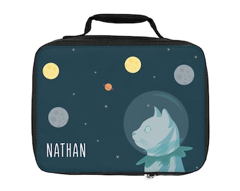 Cute blue space cat lunch bag, personalized with your kids name. Perfect first day of school gift for the little ones