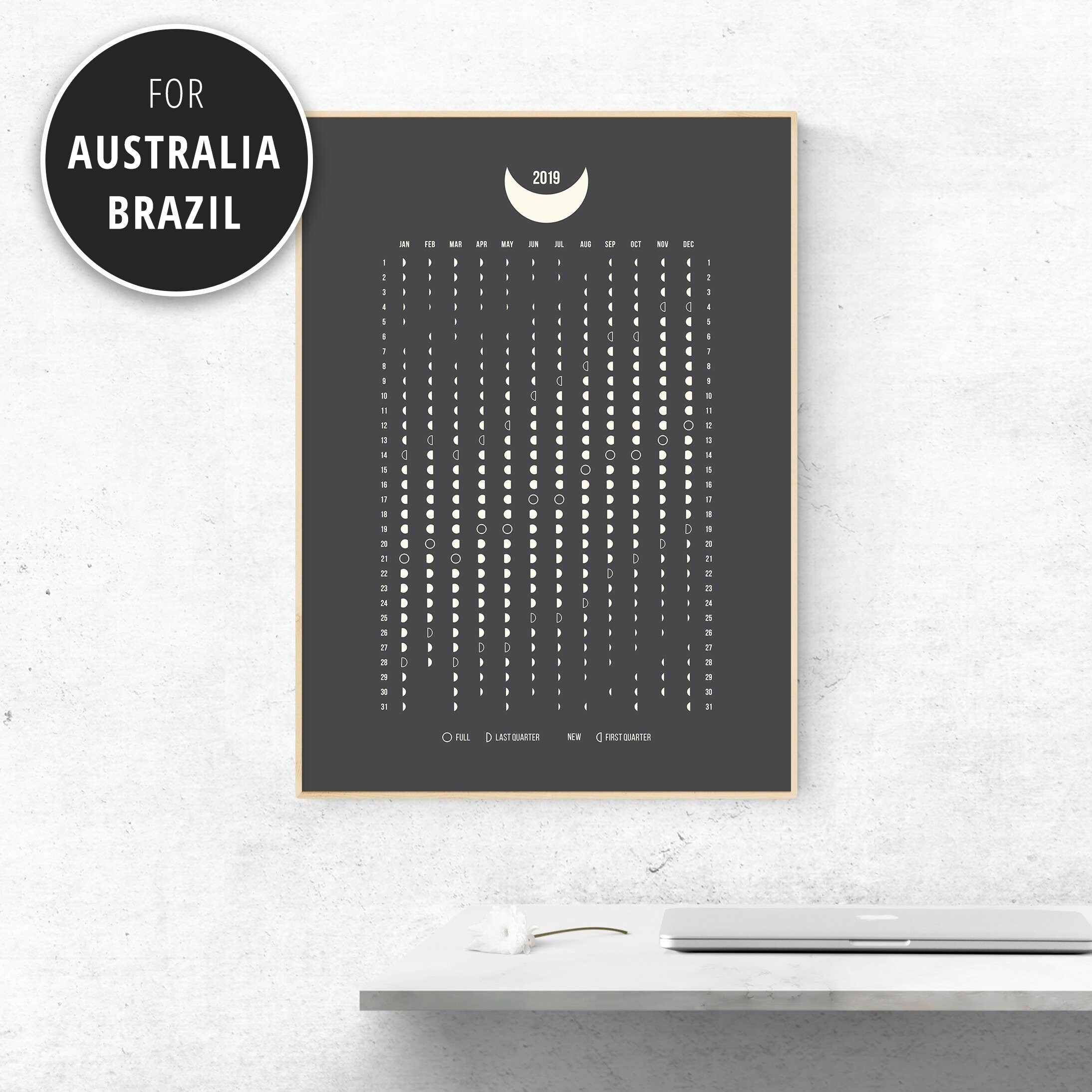 2019 Printable Southern Hemisphere Moon Calendar 2019 Lunar Etsy