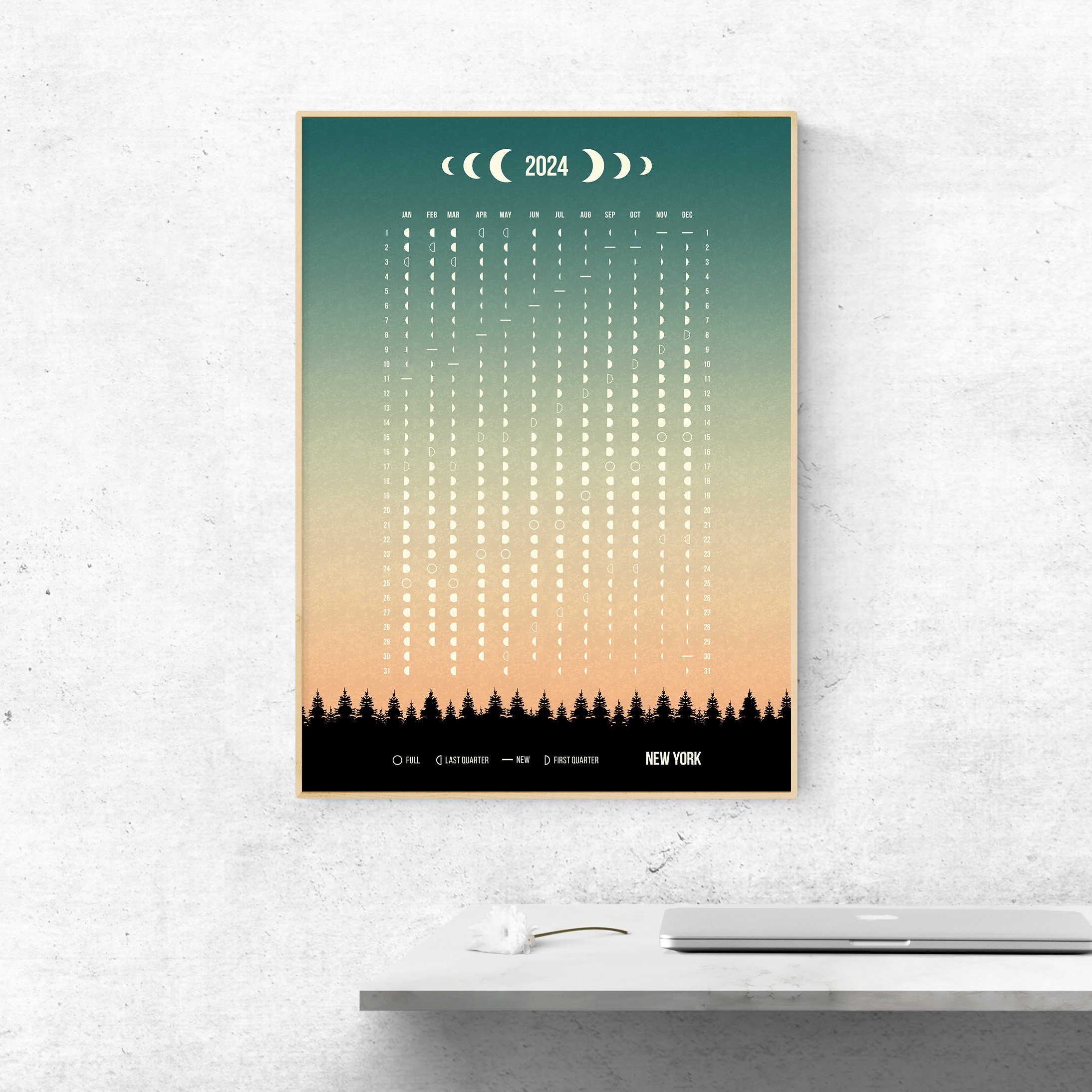 Moon Calendar 2024 Moon Phases Calendar 2024 Poster Moon Etsy