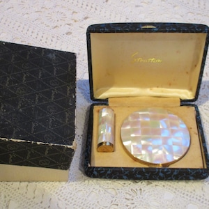 Vintage 1960's STRATTON MOP COMPACT Mother of Pearl Boxed Powder Compact and Lipstick Cover - Face Powder - Handbag Mirror - Compact 764125