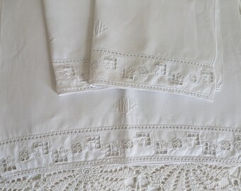 3 X Antique / Vintage Small White GUEST TOWELS - Small Hand Towels - White Cut Work Embroidery Ladder Work Monogram