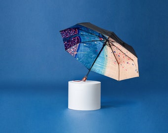 Parapluie d’art pour la vie, beau et fort, compact et automatique avec poignée en bois