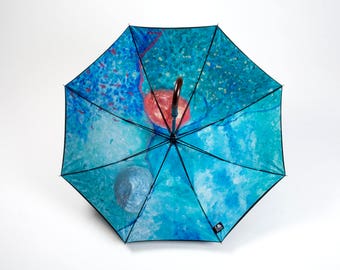 Sky Blue Cane Art Umbrella, Wooden Handle, Automatic with Original Oil Painting Artwork, Strong and Windproof