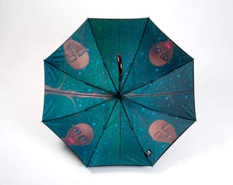 Premium Straight Umbrella with stunning green tree and beautiful black faces -  Handcrafted artwork- Unique Gift Idea