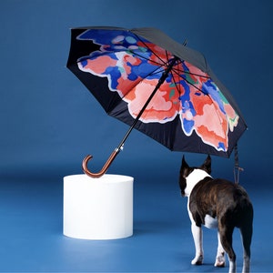 Deluxe Cane Umbrella, Wooden Handle, Automatic with Original Artwork, Strong and Windproof image 1