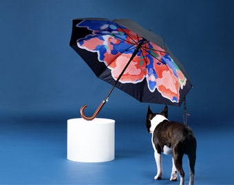 Parapluie de canne de luxe, poignée en bois, automatique avec art d’origine, fort et résistant au vent