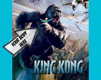 May include: A movie poster for the film "King Kong" featuring a large, black gorilla standing on a building with a small human figure in its hand. The gorilla is roaring and there are several airplanes flying in the background. The text "King Kong" is written in large, bold letters at the bottom of the poster.