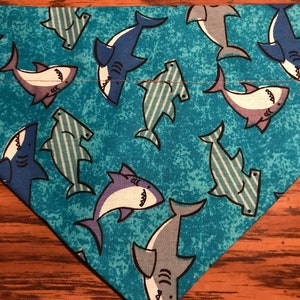 May include: A turquoise pet bandana featuring a repeating pattern of cartoon sharks in shades of blue, gray, and purple. The sharks have white teeth and are set against a textured background. The bandana is triangular in shape.