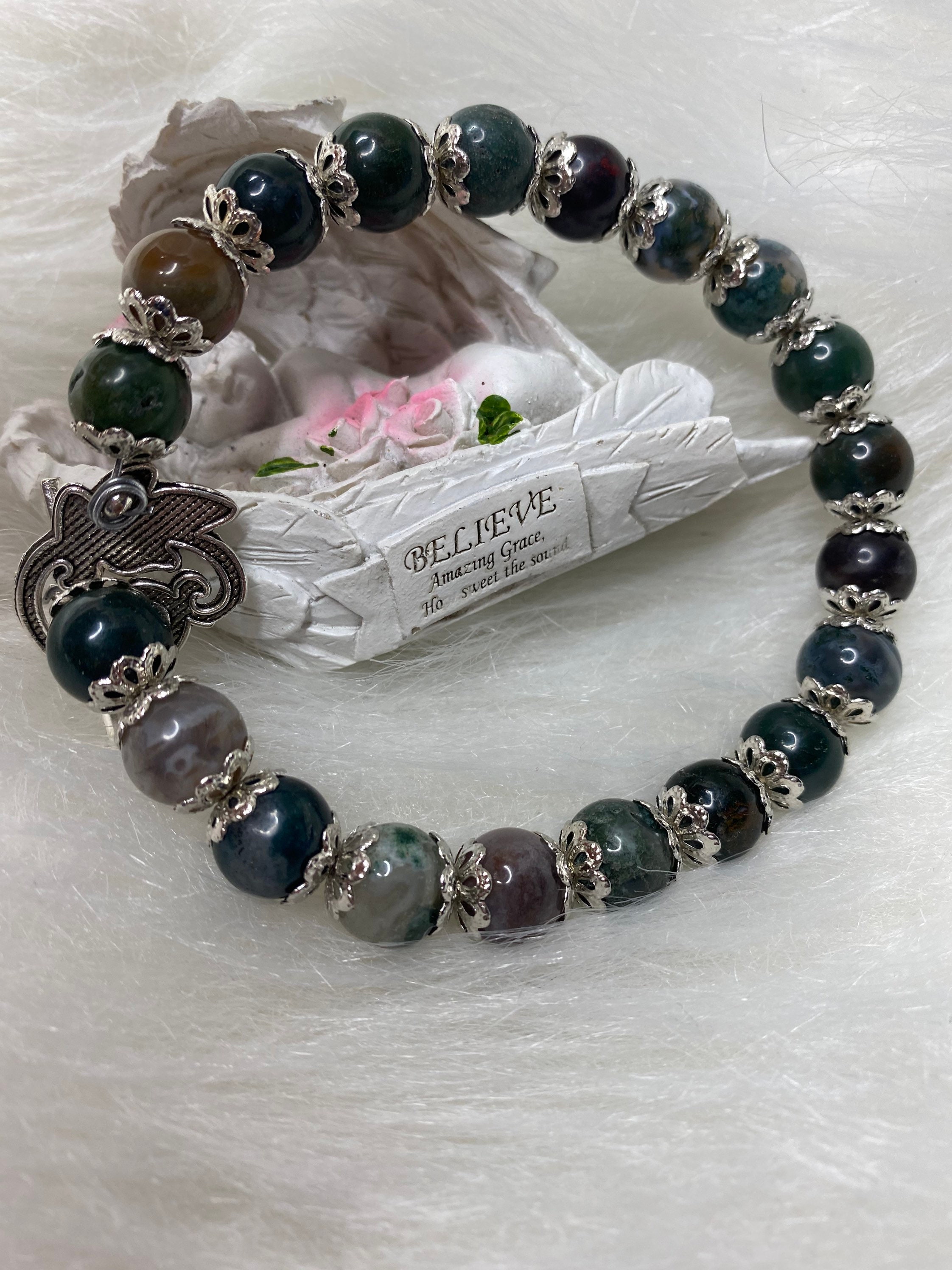 Moss agate crystal healing toggle bracelet | Etsy