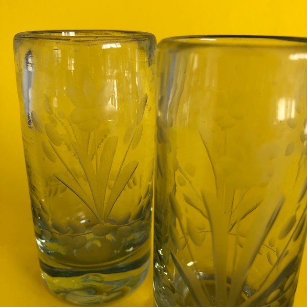 Handmade Blown Glass Etched Mexican Tequila Shot Glasses Set Of 2