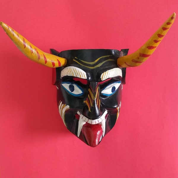 Danza Arte popular mexicano bailando diablo diablo máscara altar de madera hecho a mano día de los muertos Oaxaca