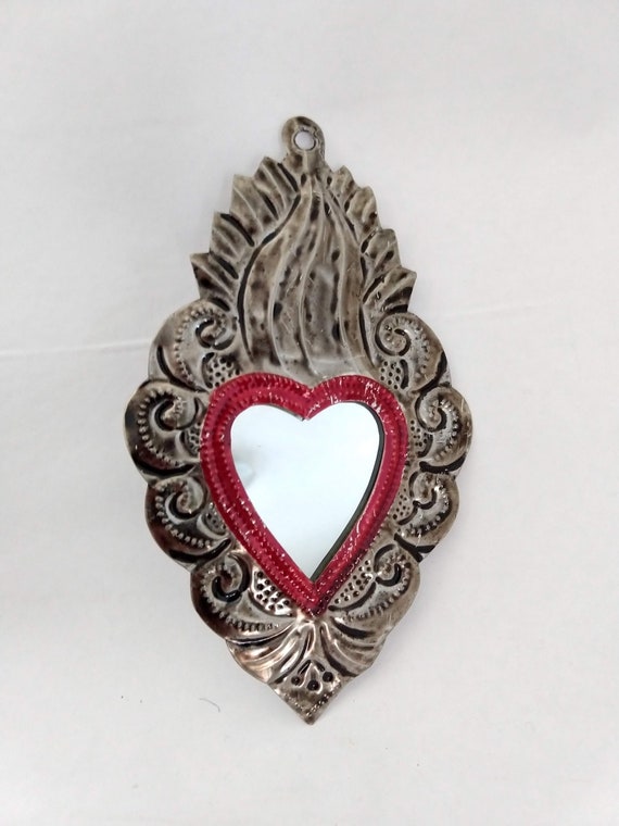 Mexican Folk Art Colorful Punched Tin Mirror Holy Heart Mexican Folk Art Colorful Punched Tin