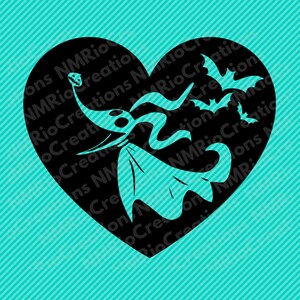 Op de afbeelding: Zwarte en witte silhouet van Jack Skellington, de Pumpkin King uit The Nightmare Before Christmas, vliegend in een hartvorm met drie vleermuizen.