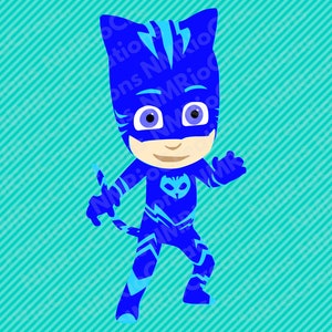 Puede incluir: Un personaje de superhéroe azul con una máscara de gato y un diseño de rayo en su traje. El personaje tiene ojos azules y una sonrisa amigable.