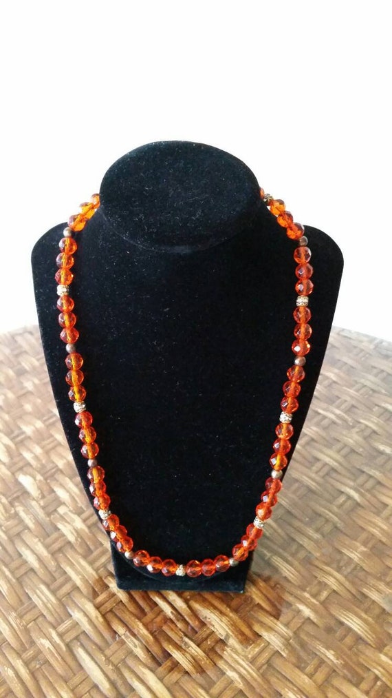 Vintage Orange Czech Glass Faceted  Bead Necklace