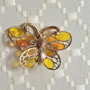 Plique A Jour Butterfly Brooch with Yellow and Orange Transparent Enamel in a Goldtone Setting