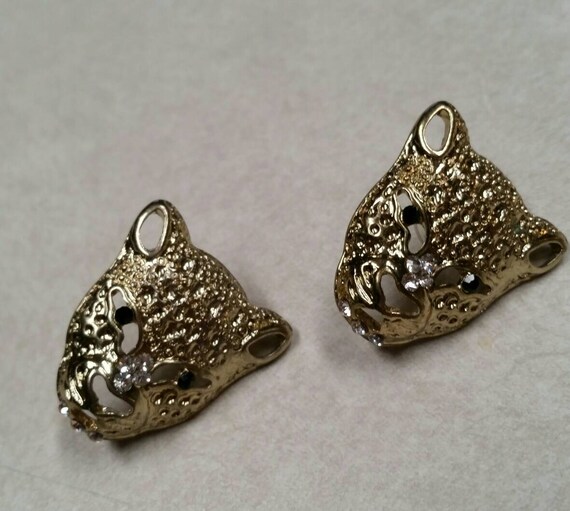Vintage Panther Post Earrings with Jet Glass Eyes… - image 7