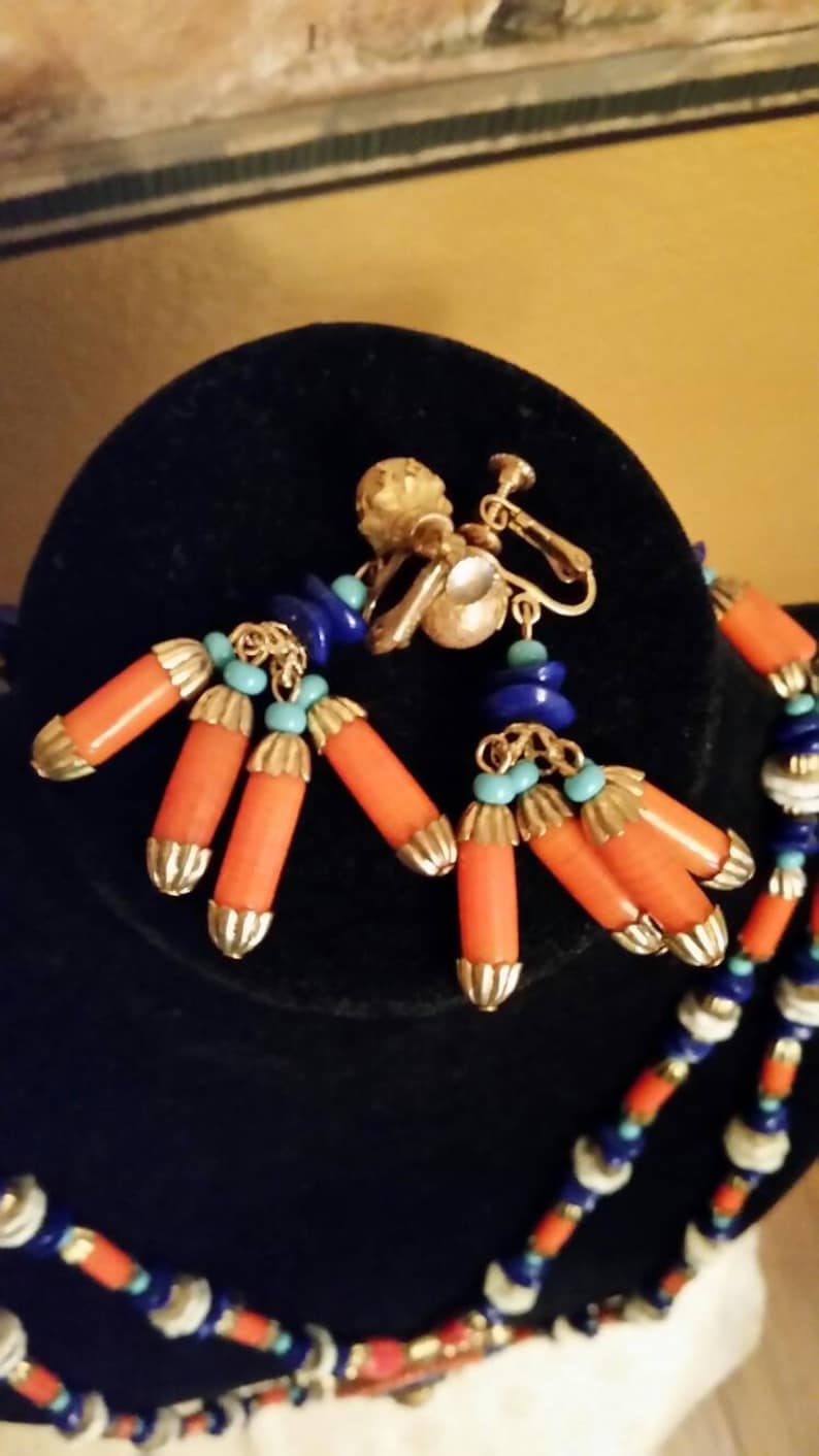 Vintage RARE Miriam Haskell Lawrence Vrba Egyptian Revival Scarab Necklace and Earring Set image 10