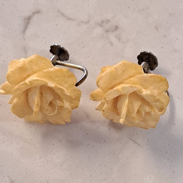 Vintage Bovine Bone Carved Rose marked 835 European Purity Mark Sterling Silver Earrings