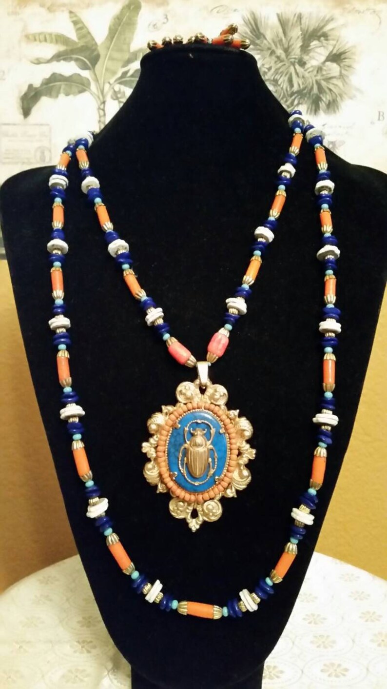 Vintage RARE Miriam Haskell Lawrence Vrba Egyptian Revival Scarab Necklace and Earring Set image 3