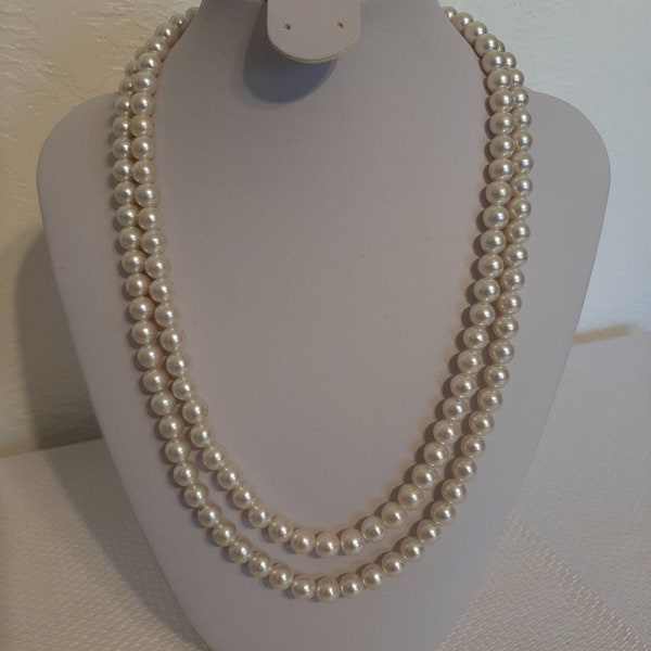 1950's Japan Two Strand Simulated Pearl Necklace with Decorative Box Clasp