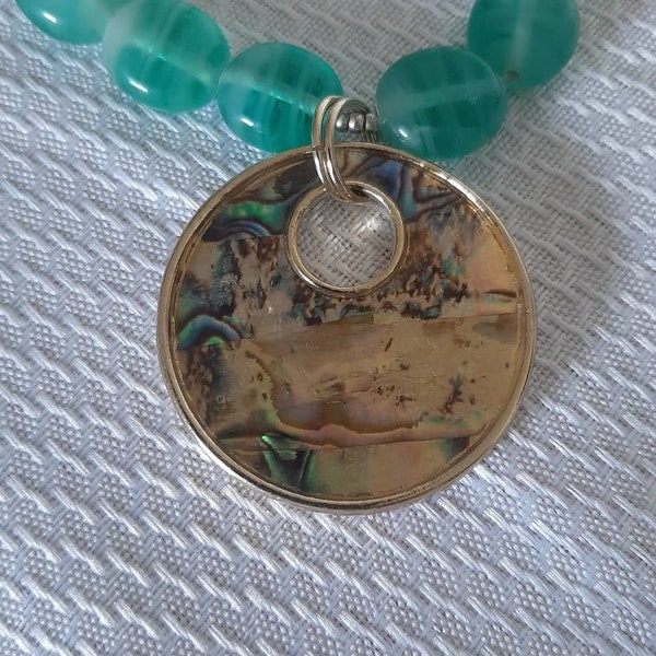 Vintage Cookie Lee Abalone Disk Pendant Necklace