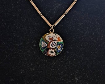 Vintage Millefiori Glass Pendant Necklace with Link and Bar Chain Necklace.