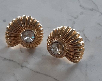 Vintage Spiral Shell Gold Tone Earrings with Center Clear Rivoli Stone