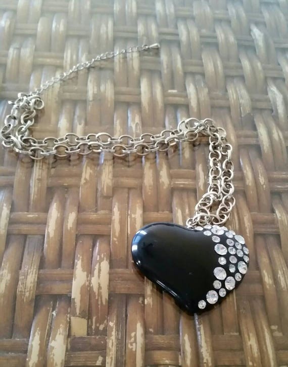 Vintage Lucite Black Heart with Clear Embedded Rh… - image 7